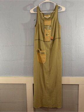 Olive Green Maxi Dress with Pocket SZ PS, 51” long Hand loomed Vintage Boho